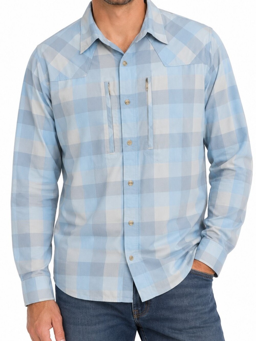 Patagonia Light Blue Plaid Shirt, Mens Size Large